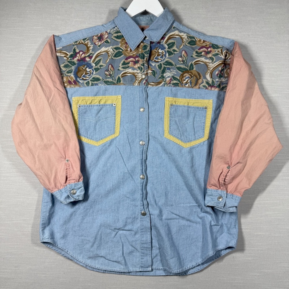 Vintage Denim Shirt Womens L Blue Cottage Core Western Paisley Colorblock 90s